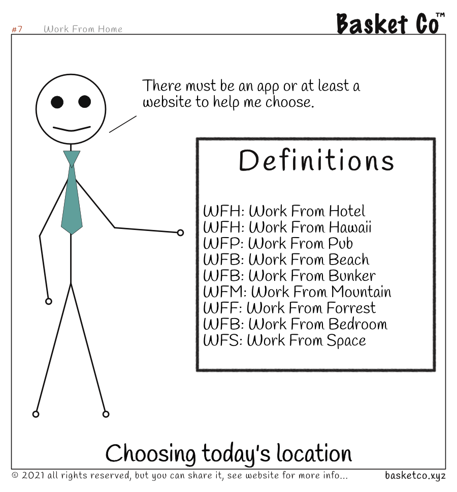 Employee considering Work from Home options. The options are - WFH: Work From Hotel, WFH: Work From Hawaii, WFP: Work From Pub, WFB: Work From Beach, WFB: Work From Bunker, WFM: Work From Mountain, WFF: Work From Forrest, WFB: Work From Bedroom, WFS: Work From Space. Dialog: There must be an app or at least a website to help me choose. Caption: Choosing today&rsquo;s location.