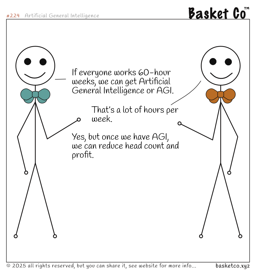 Two board members talking: If everyone works 60-hour weeks, we can get AGI. That’s a lot of hours per week. Yes, but once we have AGI, we can reduce head count and profit.