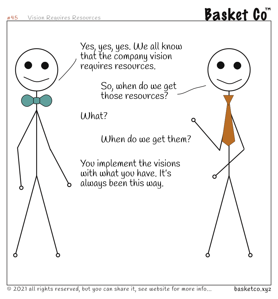 An employee talking with a manager. Dialog: Yes, yes, yes. We all know that the company vision requires resources. So, when do we get those resources? What? When do we get them? You implement the visions with what you have. It’s always been this way.
