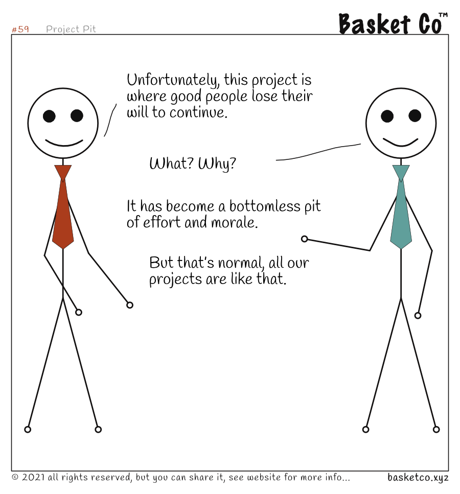 Two employees talking. Dialog: Unfortunately, this project is where good people lose their will to continue. What? Why? It has become a bottomless pit of effort and morale. But that’s normal, all our projects are like that. 