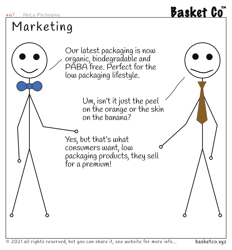 A manager talking with an employee. Dialog: Our latest packaging is now organic, biodegradable and PABA free. Perfect for the low packaging lifestyle. Um, isn’t it just the peel on the orange or the skin on the banana? Yes, but that’s what consumers want, low packaging products, they sell for a premium!