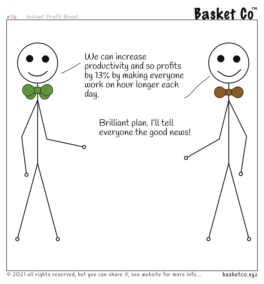 A board member talking to a manager. Dialog: We can increase productivity and so profits by 13% by making everyone work on hour longer each day. Brilliant plan. I’ll tell everyone the good news!