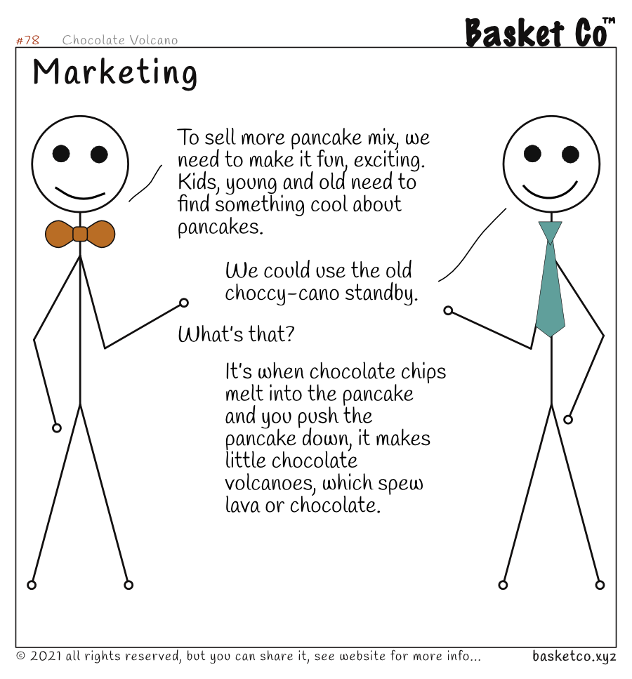A manager talking with an employee. Dialog: To sell more pancake mix, we need to make it fun, exciting. Kids, young and old need to find something cool about pancakes. We could use the old choccy-cano standby. What’s that? It’s when chocolate chips melt into the pancake and you push the pancake down, it makes little chocolate volcanoes, which spew lava or chocolate.