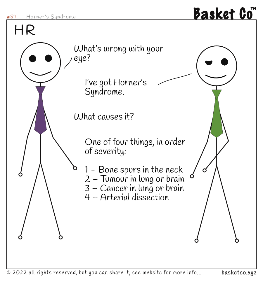 Two employees talking, one from HR. Dialog: What's wrong with your eye? I've got Horner's Syndrome. What causes it? One of four things, in order of severity: 1 - Bone spurs in the neck; 2 - Tumour in lung or brain; 3 - Cancer in lung or brain; 4 - Arterial dissection