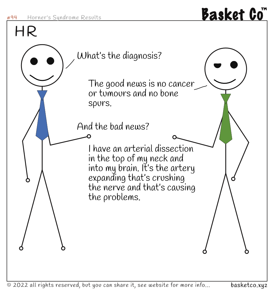 Two employees talking, one from HR. Dialog: What’s the diagnosis? The good news is no cancer or tumours and no bone spurs. And the bad news? I have an arterial dissection in the top of my neck and into my brain. It’s the artery expanding that’s crushing the nerve and that’s causing the problems.
